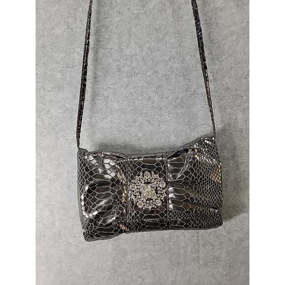 IMAN Evening Bag Purse Rhinestones Removable Strap Silver Metallic Snake Print - Picture 1 of 14